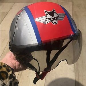 Kids Red and Blue Helmet with Fox Design and built in sun shades